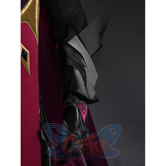 Rerir cosplay side profile showing black geometric helmet with layered panels and red cape