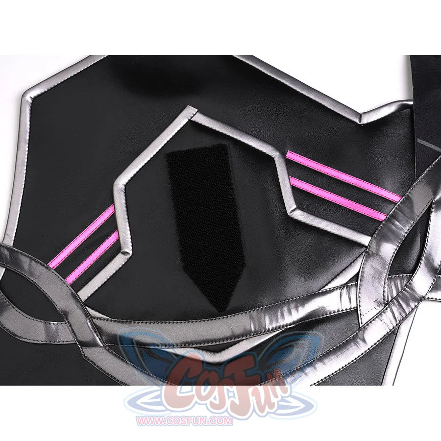 Rerir cosplay hexagonal black chest plate with silver metallic edging and pink stripe accents