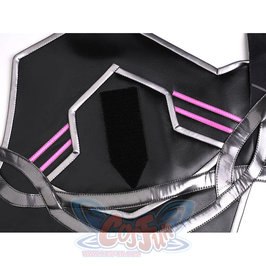 Rerir cosplay hexagonal black chest plate with silver metallic edging and pink stripe accents