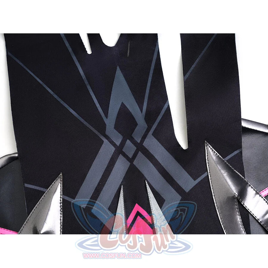Rerir cosplay flat lay of black geometric upper armor with angular lines and silver spikes