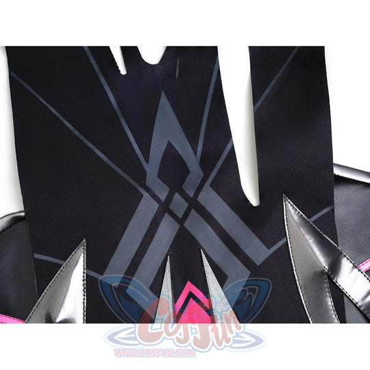 Rerir cosplay flat lay of black geometric upper armor with angular lines and silver spikes
