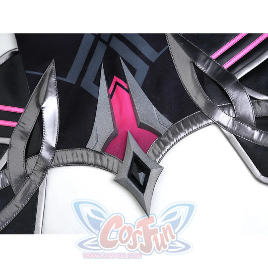 Rerir cosplay helmet closeup with dark sharp spikes, silver metallic panels, and pink gem