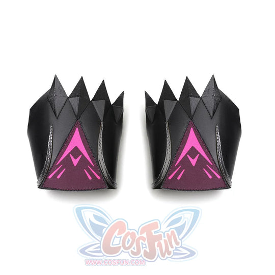 Rerir cosplay pair of black spiky pauldrons with crown-like tips and pink arrow triangle emblem