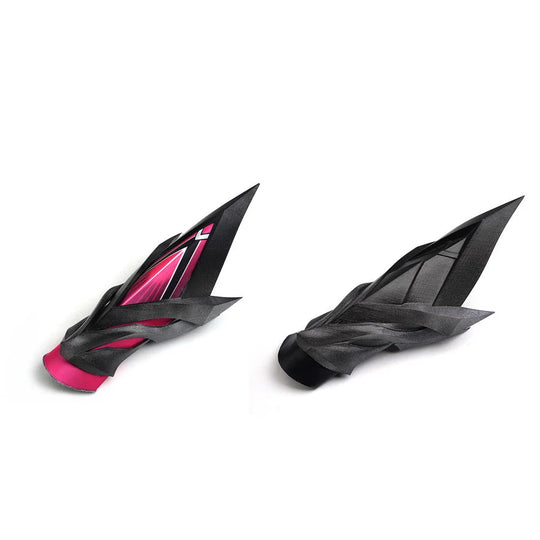 Rerir cosplay black angular vambrace pair with spiky winged design, shown from front and back