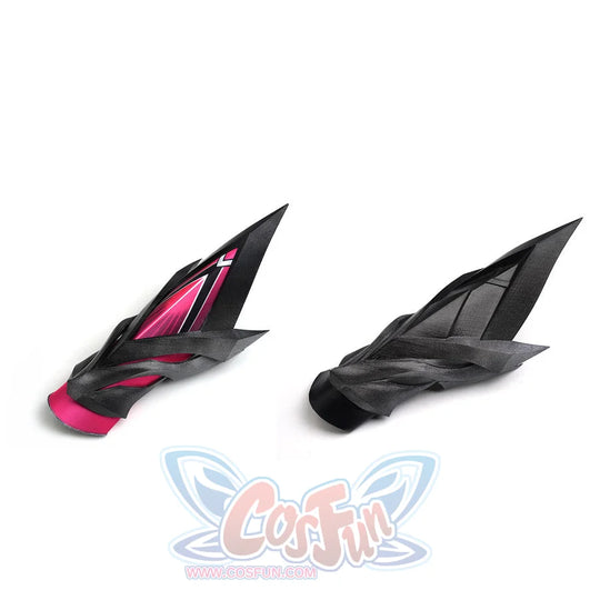 Rerir cosplay black angular vambrace pair with spiky winged design, shown from front and back