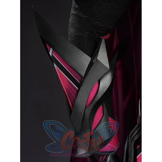 Rerir cosplay black arm vambrace with angular dark armor pieces and bright pink accents