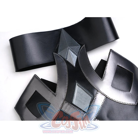 Rerir cosplay black wide waist belt with curved cutout and silver diamond-shaped panel detail
