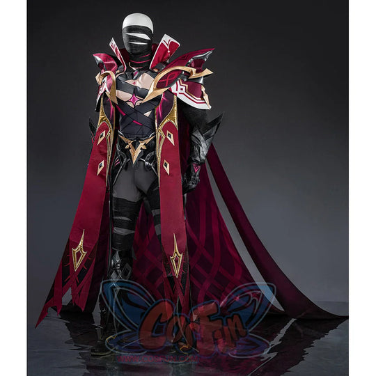 Rerir cosplay full body angled view with grey dome helmet, black mask, and red cape
