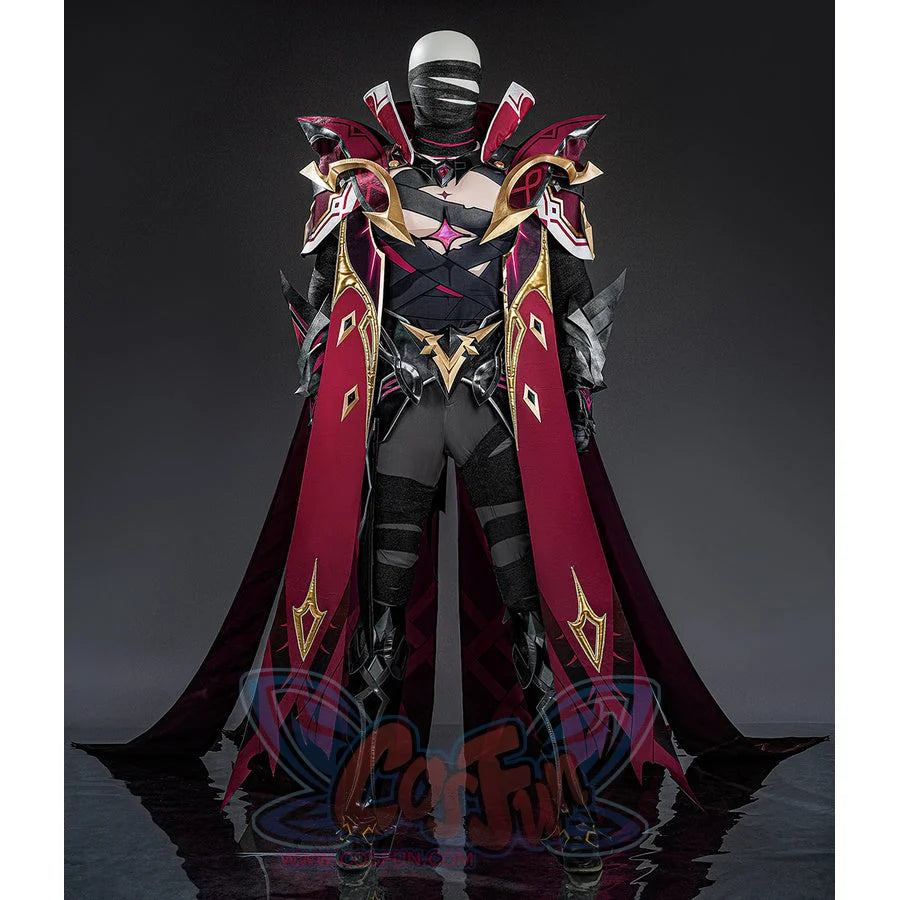 Rerir cosplay full body front view with grey helmet, dark armor, red cape, and gold trim