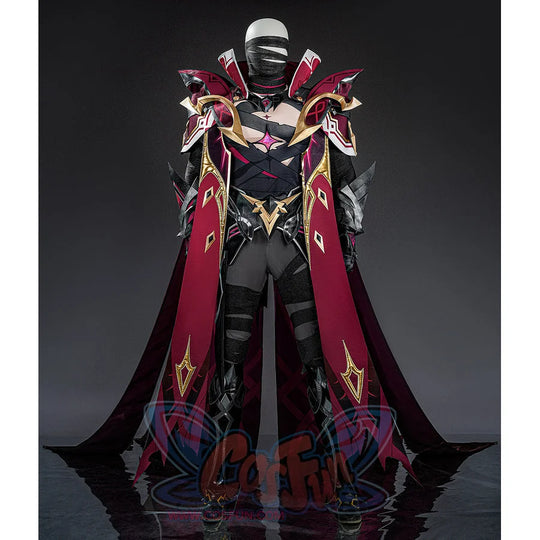 Rerir cosplay full body front view with grey helmet, dark armor, red cape, and gold trim