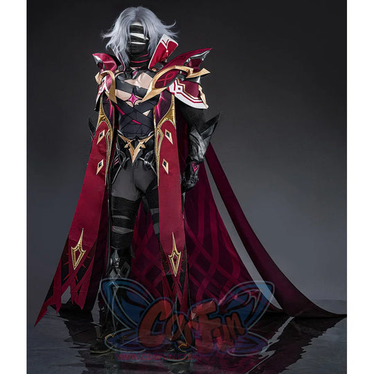 Rerir cosplay full body side view showing dark armor with flowing red cape and gold details