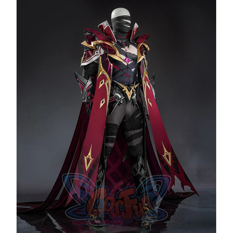 Rerir cosplay full body view with white face wrap, dark armor, and flowing red cape