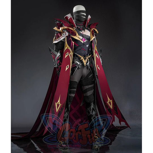 Rerir cosplay full body view with white face wrap, dark armor, and flowing red cape