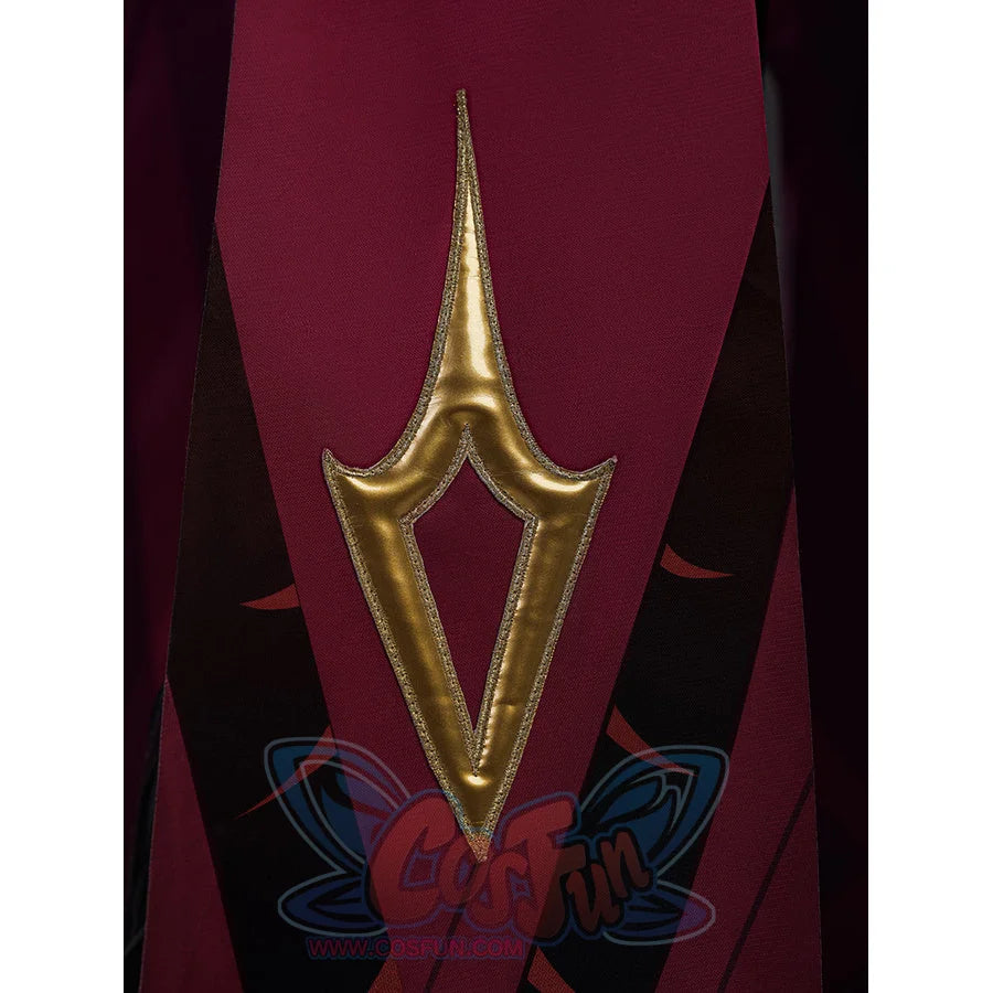 Rerir cosplay red cape detail with large gold arrowhead emblem and dark trim on the edges