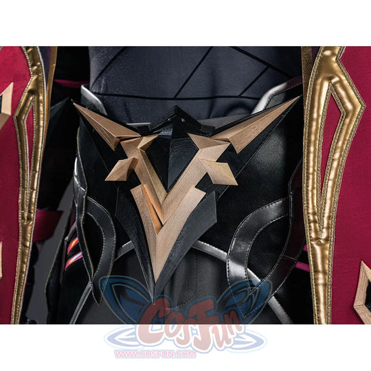 Rerir cosplay waist detail featuring a large gold arrow star emblem on dark bodysuit