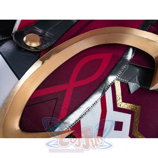 Rerir cosplay arm shield detail showing gold circle ring, red patterned fabric, and white armor