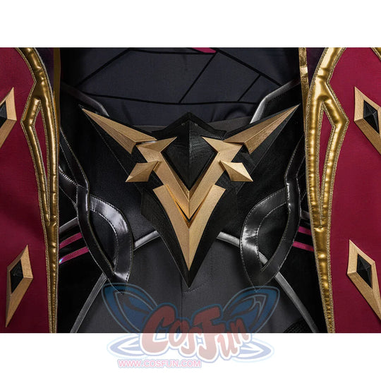 Rerir cosplay gold emblem on chest armor closeup with dark breastplate and red cape on sides