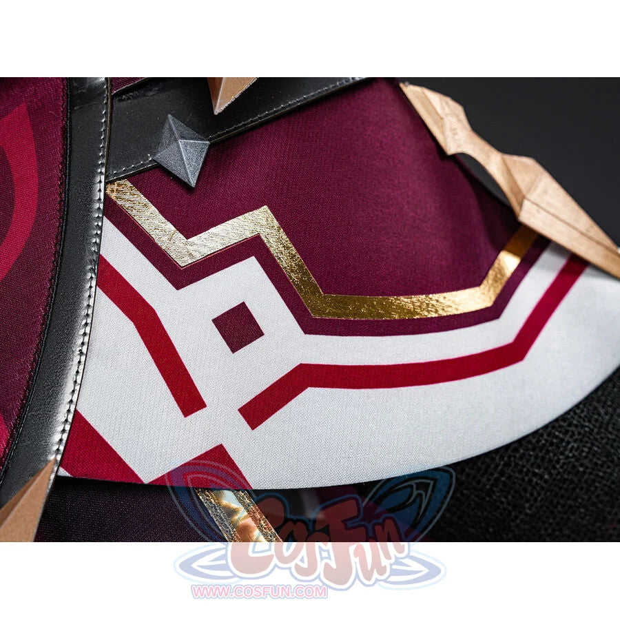 Rerir cosplay hip armor detail with white panel, red geometric pattern, and gold trim accents