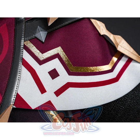 Rerir cosplay hip armor detail with white panel, red geometric pattern, and gold trim accents