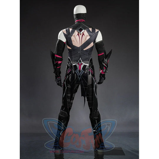 Rerir cosplay inner bodysuit back view showing dark cross-strap design with pink accents