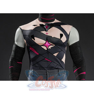 Rerir cosplay inner top with dark cross-wrap chest straps and large pink four-pointed star gem