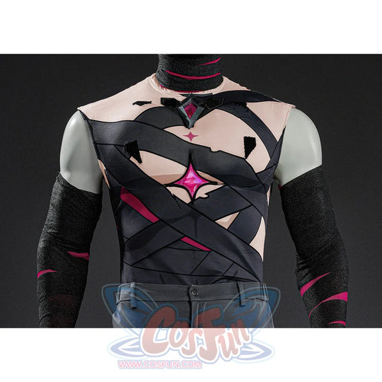Rerir cosplay inner top with dark cross-wrap chest straps and large pink four-pointed star gem