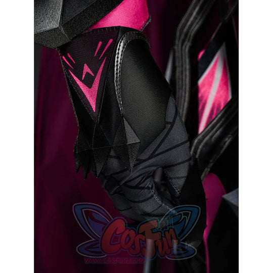 Rerir cosplay leg armor detail showing black geometric panels with pink emblem accents