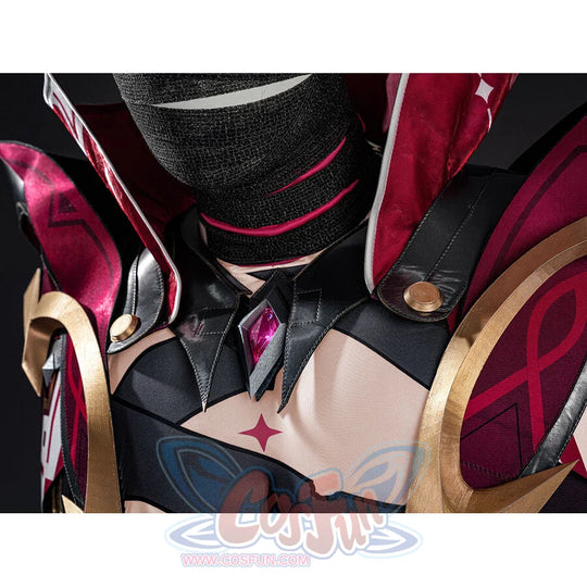 Rerir cosplay neck and chest closeup with pink diamond collar gem, pink star, and gold armor