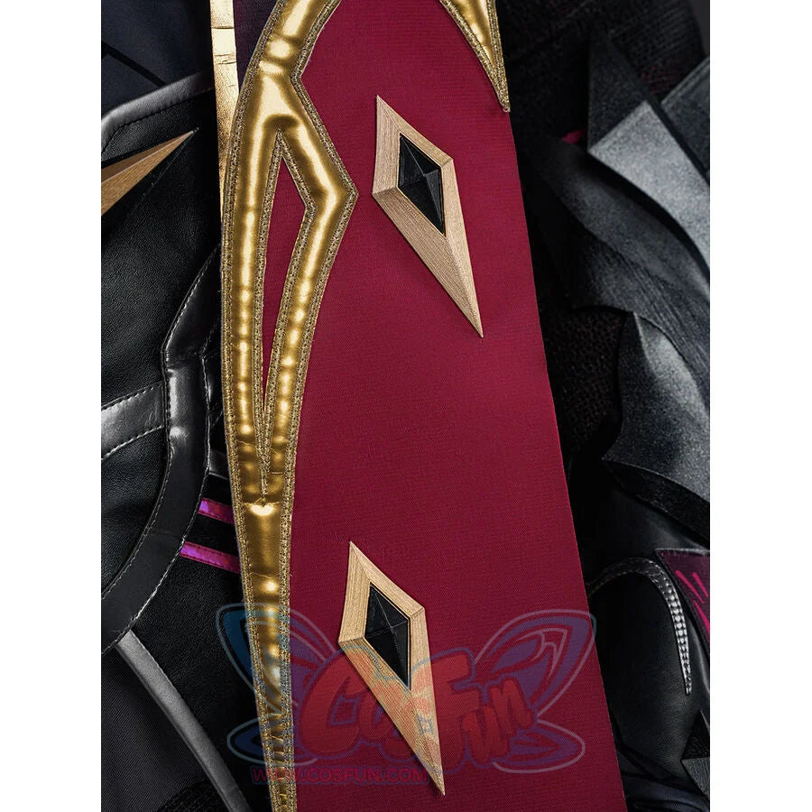Rerir cosplay red cape detail showing gold border trim and diamond-shaped dark accents
