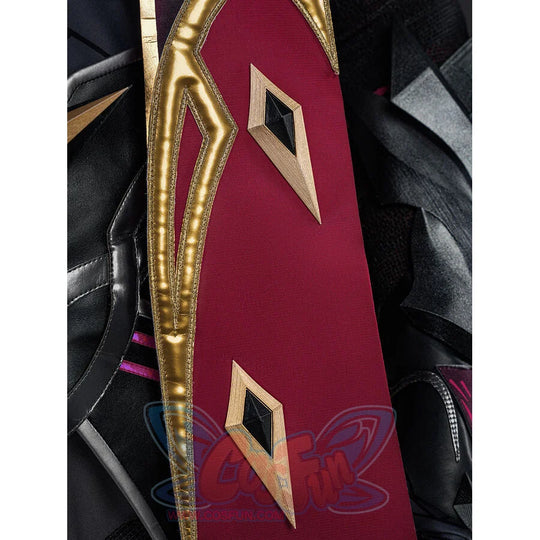 Rerir cosplay red cape detail showing gold border trim and diamond-shaped dark accents