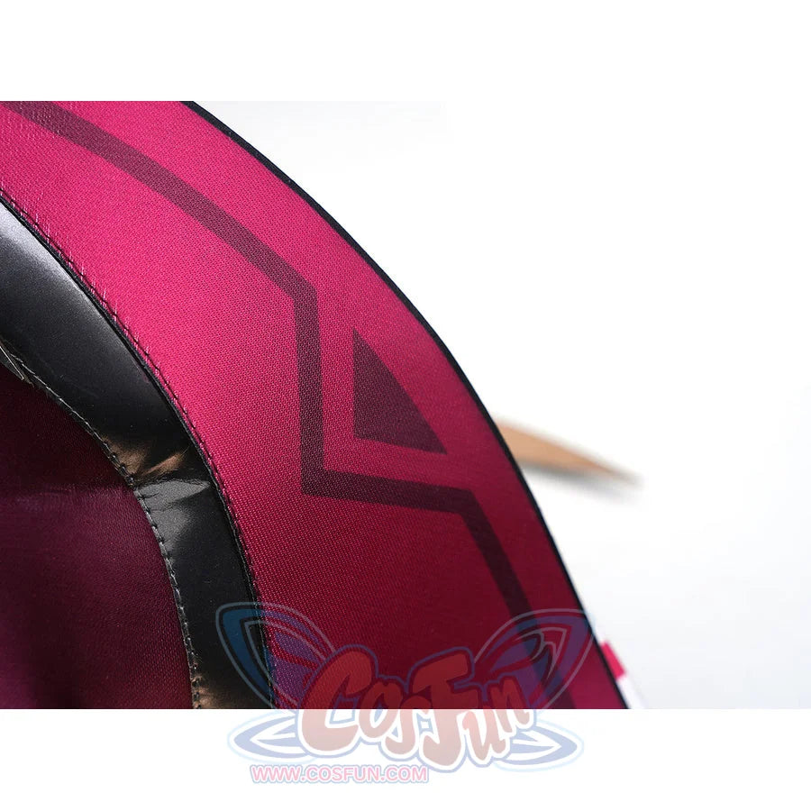 Rerir cosplay red shield fabric closeup showing dark arrow pattern and black leather edging