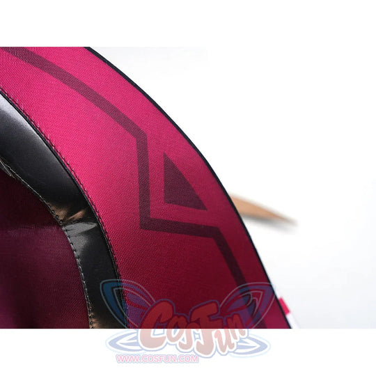 Rerir cosplay red shield fabric closeup showing dark arrow pattern and black leather edging
