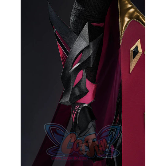 Rerir cosplay shoulder and arm armor detail with dark geometric plates, pink accents, and red cape