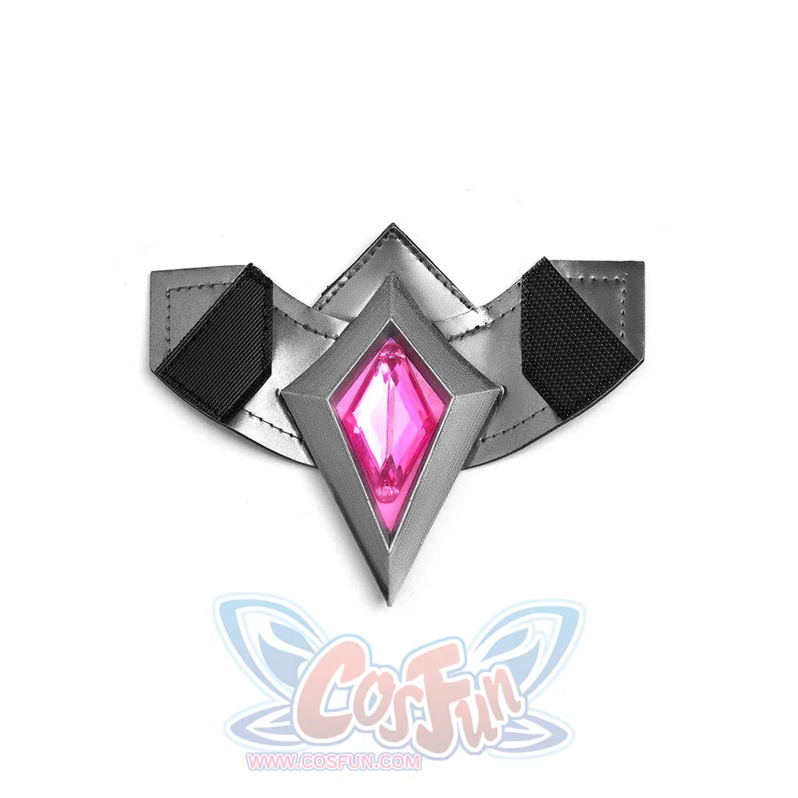 Rerir cosplay silver metallic collar with angular wing tips and large pink diamond gem center