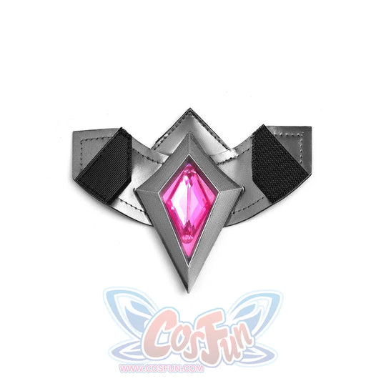Rerir cosplay silver metallic collar with angular wing tips and large pink diamond gem center