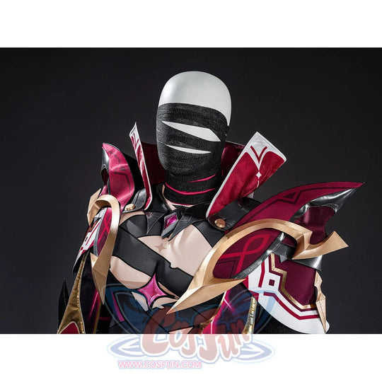 Rerir cosplay upper body diagonal view with red shoulder armor, gold trim, and bandaged face