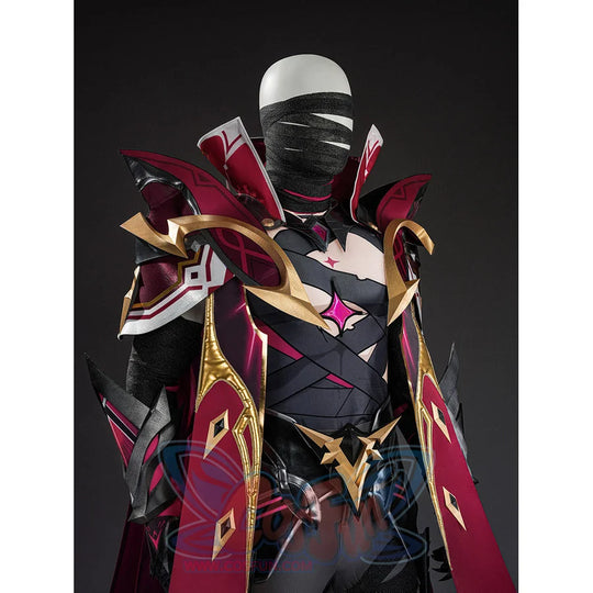 Rerir cosplay upper body with red cape, gold crescent armor, pink star gem, and wrap face
