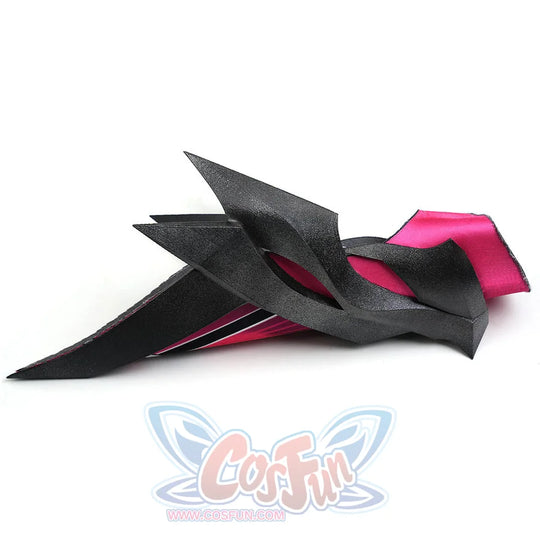 Rerir cosplay vambrace angular side view showing black spiky exterior with pink lining inside