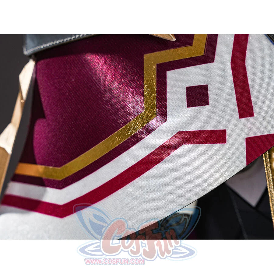 Rerir cosplay white shoulder armor detail with red geometric patterns and gold trim accents