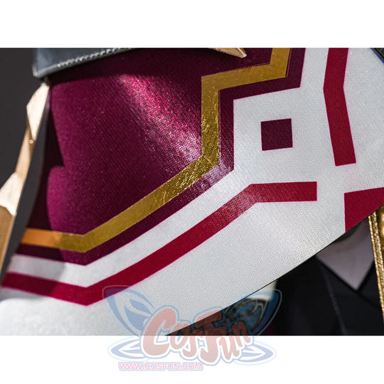 Rerir cosplay white shoulder armor detail with red geometric patterns and gold trim accents