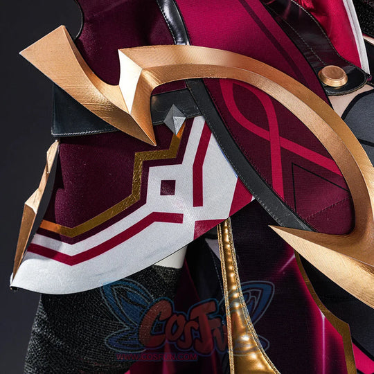 Rerir cosplay shoulder armor close-up detail showing gold trim, red fabric with geometric patterns when worn