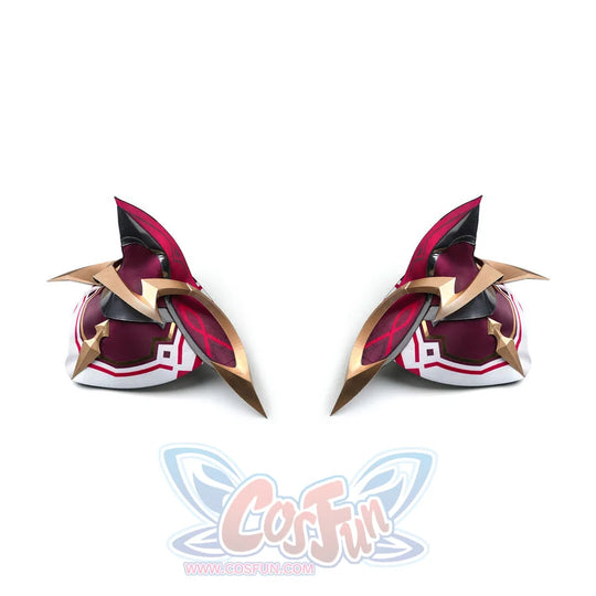 Rerir cosplay shoulder armor pair displayed side by side, showing red and gold pauldrons with pointed spikes