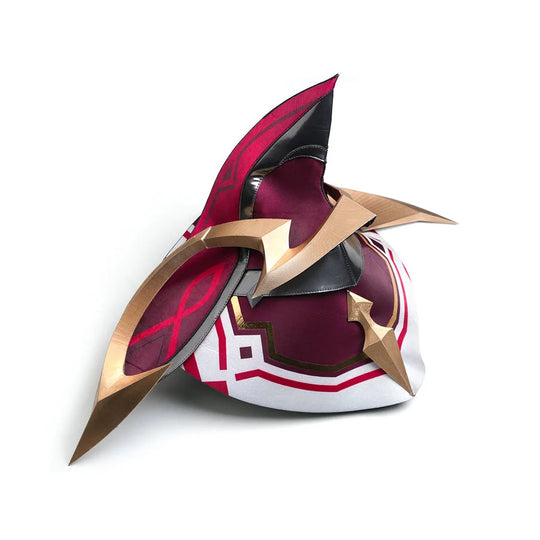 Rerir cosplay shoulder armor in red and gold, single pauldron with sharp spikes on white background