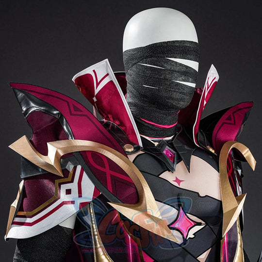 Rerir cosplay shoulder armor worn on a model, showing the full upper body look with red, gold, and black details