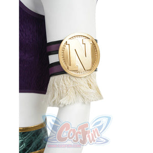 Close-up of Robin cosplay black arm ring accessory featuring a gold N medallion and fringe trim