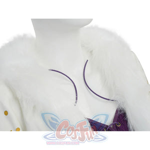 Close-up of Robin cosplay white coat fur collar area with dark stitching line detail visible