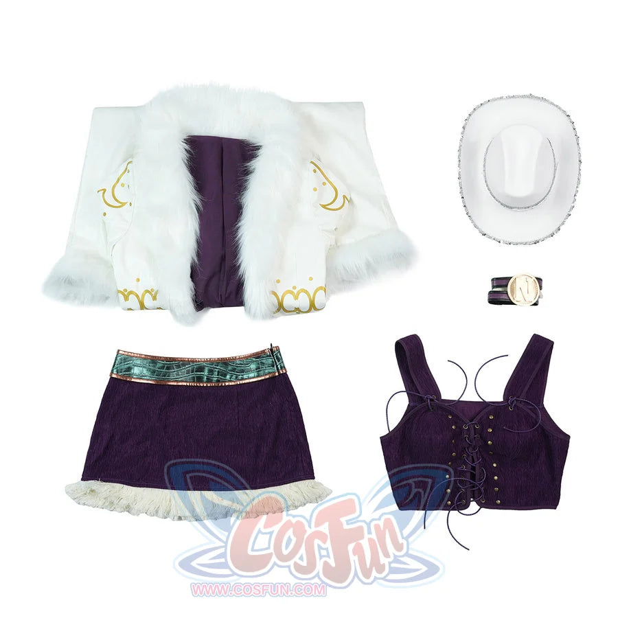 Flat lay of complete Robin cosplay set including coat, hat, arm ring, purple skirt, and corset top