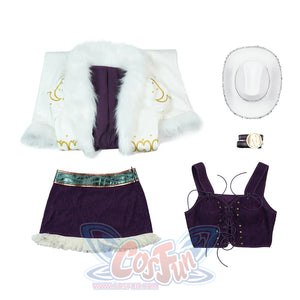 Flat lay of complete Robin cosplay set including coat, hat, arm ring, purple skirt, and corset top