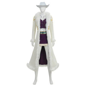 Full body front view of Robin cosplay costume with white fur coat, gold embroidery, and purple skirt
