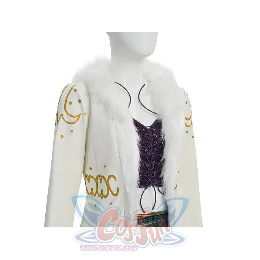 Detail view of Robin cosplay white coat open, featuring gold moon embroidery and purple lace corset